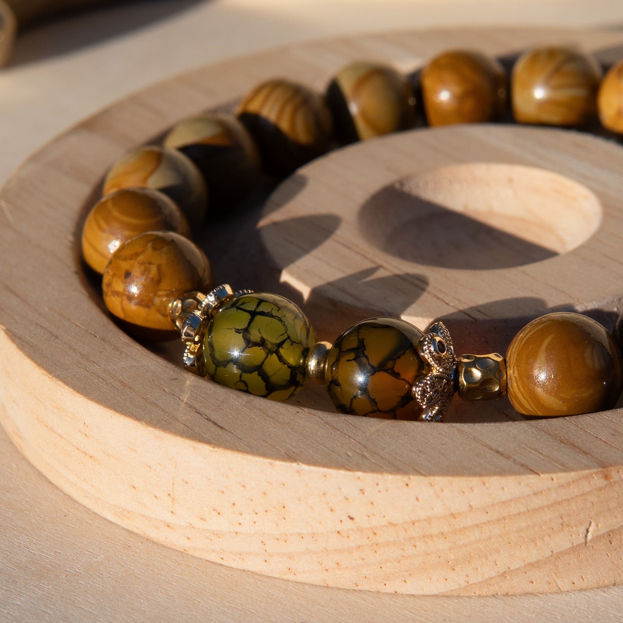 Forest Healer Bracelet: Wood Lace Stone, Crystal & 18K Gold-Plate