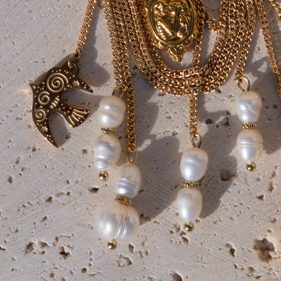 Heart of the Rose: 18K Gold Charm Brooch with Pearls & Rose Quartz