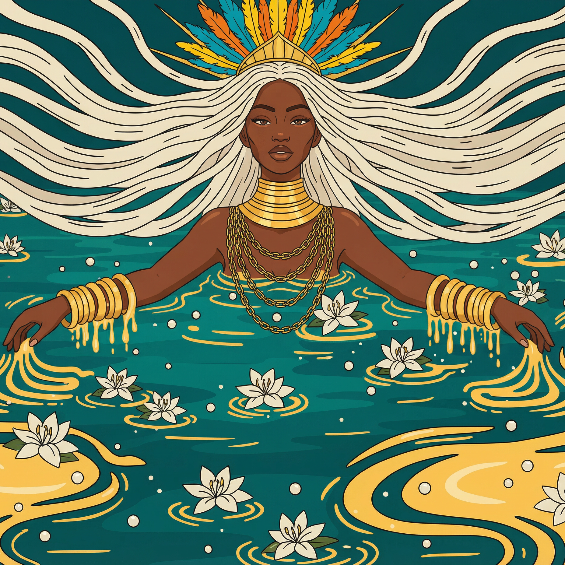 Illustration of a woman with flowing hair and jewelry, surrounded by water and flowers.