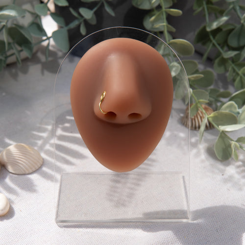 A gold-toned faux nose ring cuffs the model's nose. The wire design is shaped into a circular form.